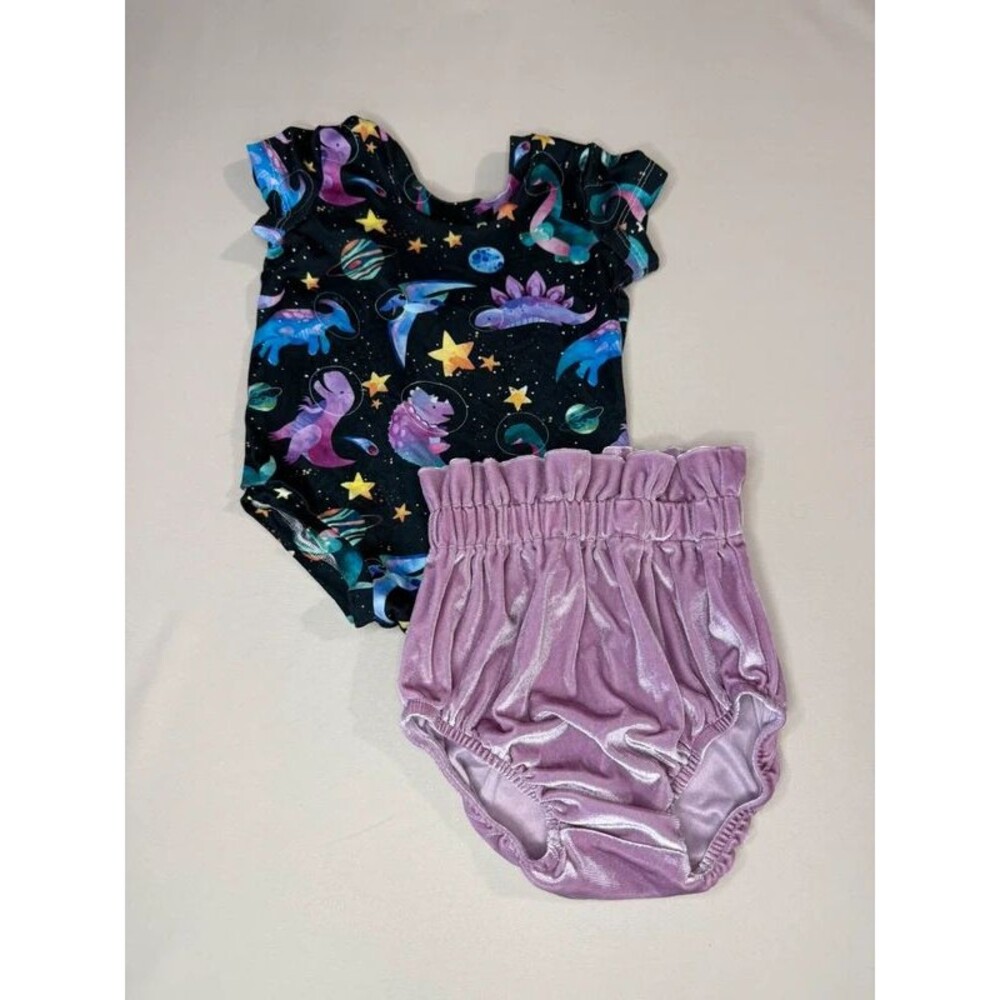 Boutique Space Dinosaur Leotard & Velvet Bummies Set Purple Pink 2T